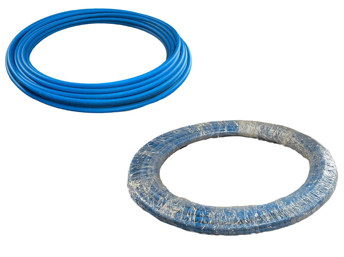 Comparison of blue hose before and after use on a metallic surface.