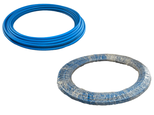 Comparison of blue hose before and after use on a metallic surface.