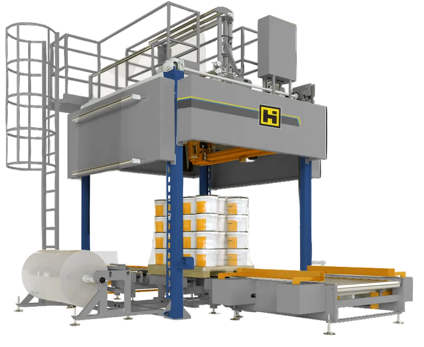 Industrial packaging machine with boxes on a conveyor belt against a black background