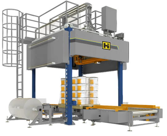 Industrial packaging machine with boxes on a conveyor belt against a black background