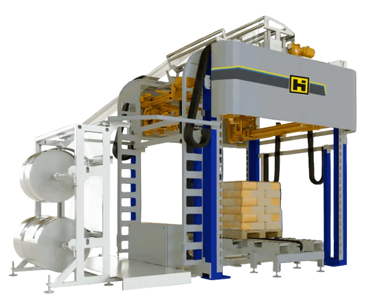Industrial machine with a prominent brand logo on a black background