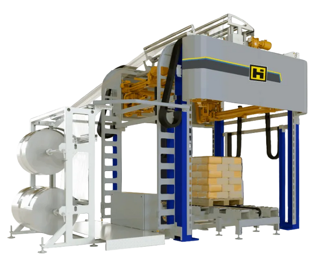 Industrial machine with a prominent brand logo on a black background